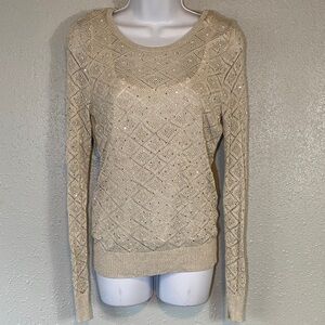 White House Black Market Light Tan Knit Sweater Sequined & Pearls